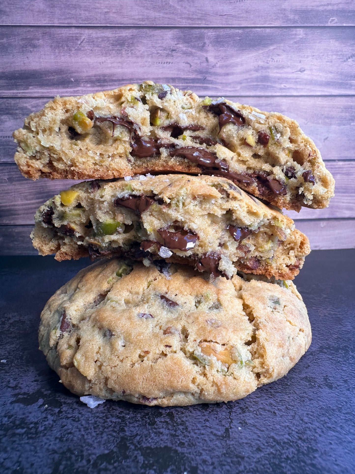 Salted Pistachio Dark Chocolate Chip Cookies
