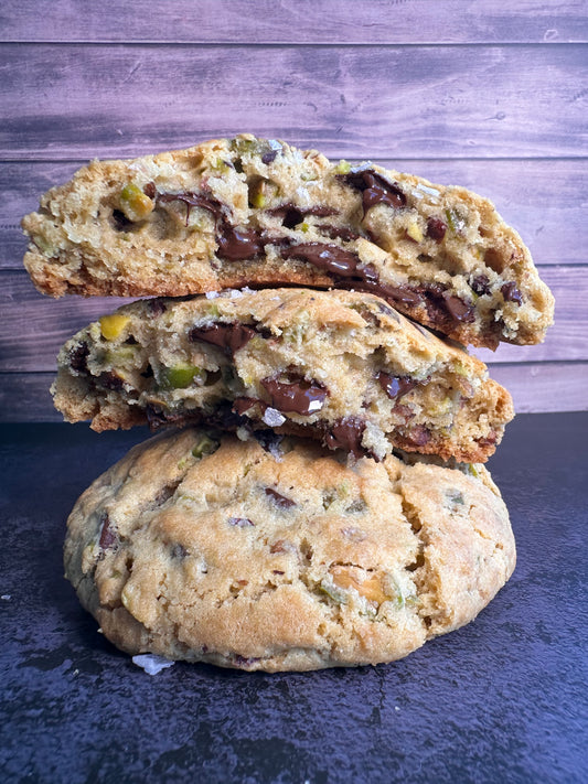 Salted Pistachio Dark Chocolate Chip Cookies